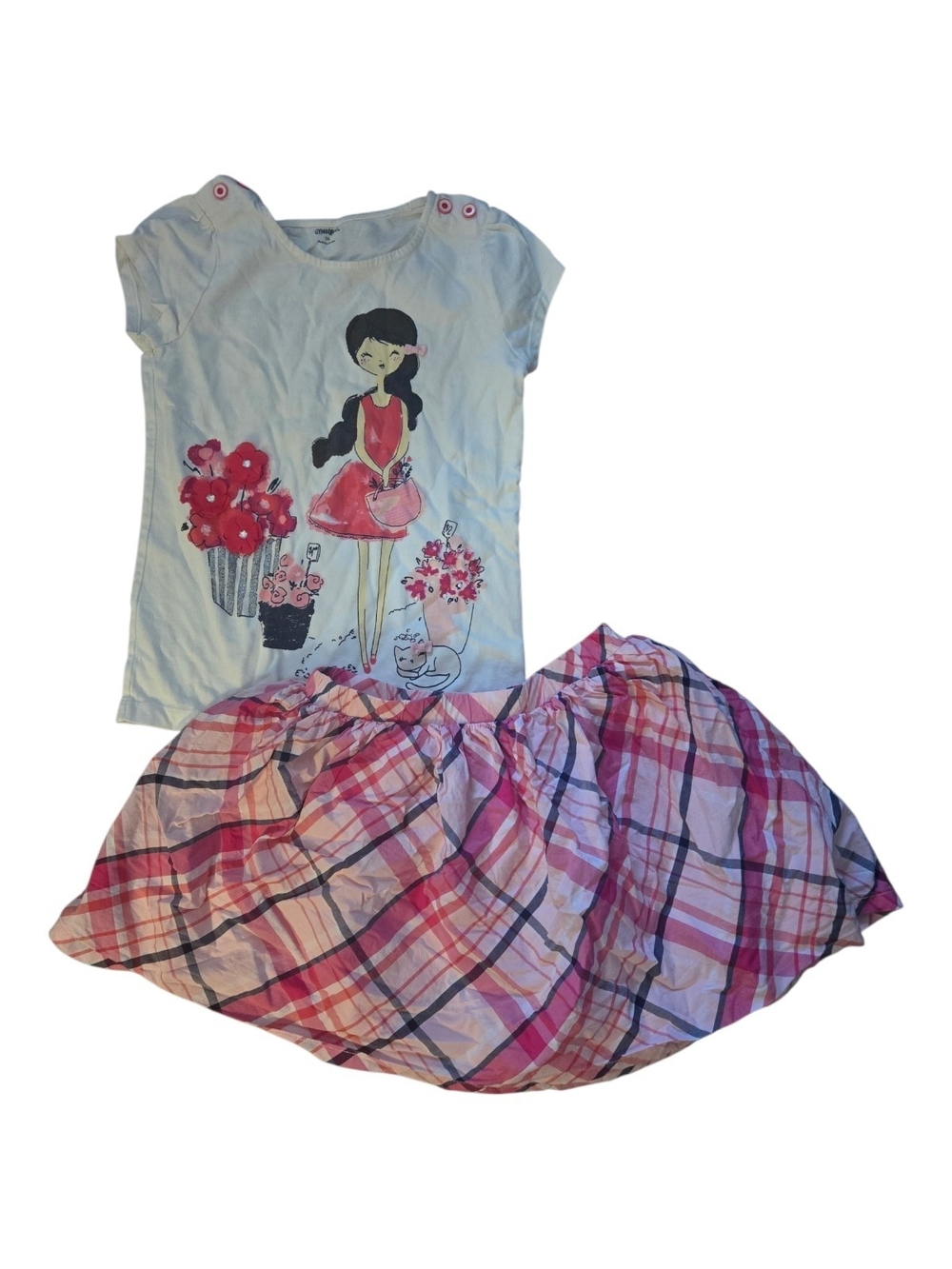 Gymboree White Tee with Pink Graphic & Pink Plaid Skirt